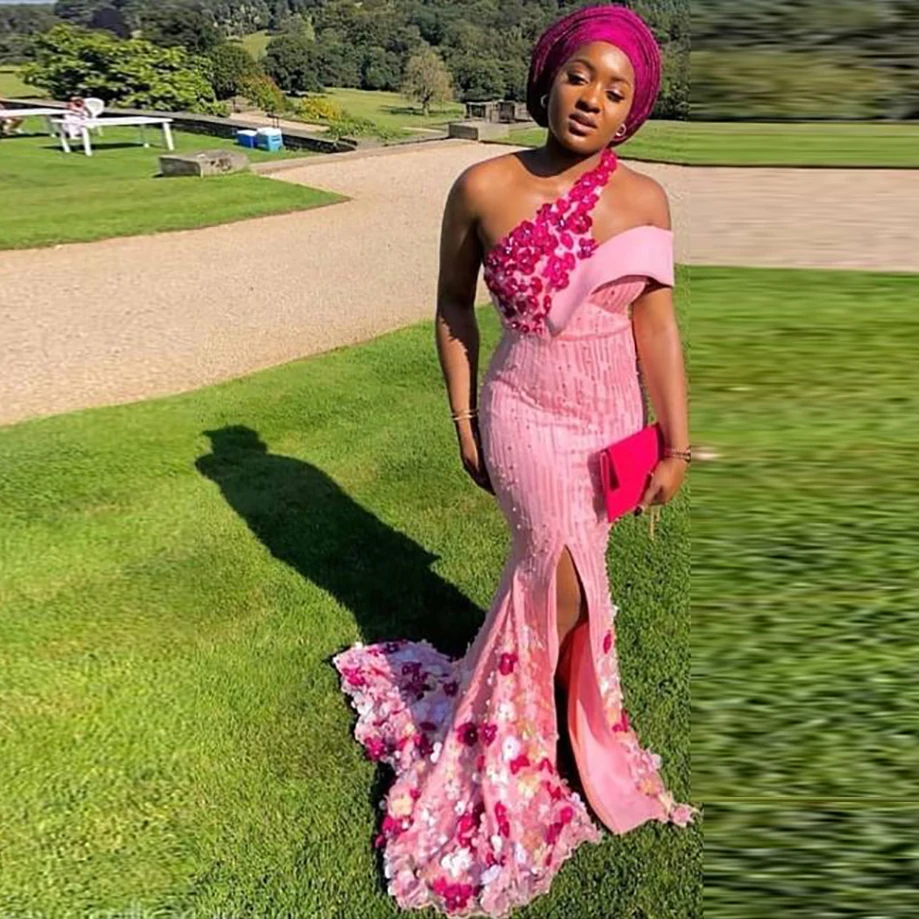 

Женское вечернее платье-русалка, розовое платье с разрезом и открытыми плечами, расшитое бисером, в нигерийском стиле, для фотосъемки, выпус...