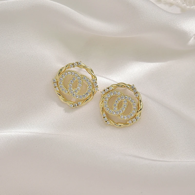 

QS13 Korean Fashion Earrings Zircon Ring Temperament Earrings Double Circle Letter C Party Gifts Earrings for Women 2021