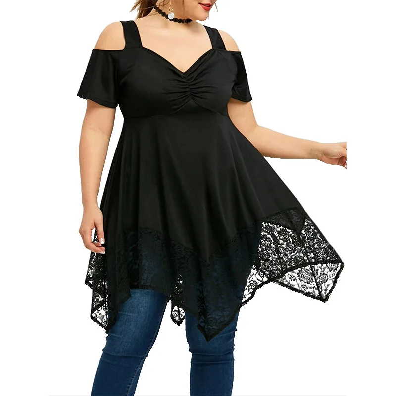 

WEPBEL Women's Sexy Solid Color Loose T-shirt Summer Short Sleeve V-neck Pleated Off-Shoulder Spaghetti Strap Irregular T-shirt