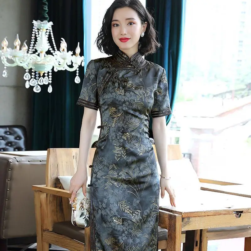 Традиционное женское платье чонсам винтажное облегающее вечернее с принтом