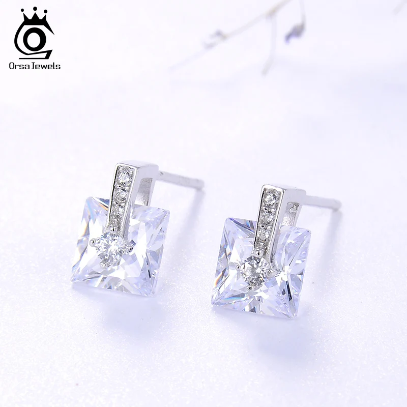 ORSA JEWELS Настоящее 925 пробы серебро слайд серьги-гвоздики в форме Для женщин блестящие AAAA фианит квадратной огранкой, черно-белая женская Праздничная обувь ювелирные изделия SE192