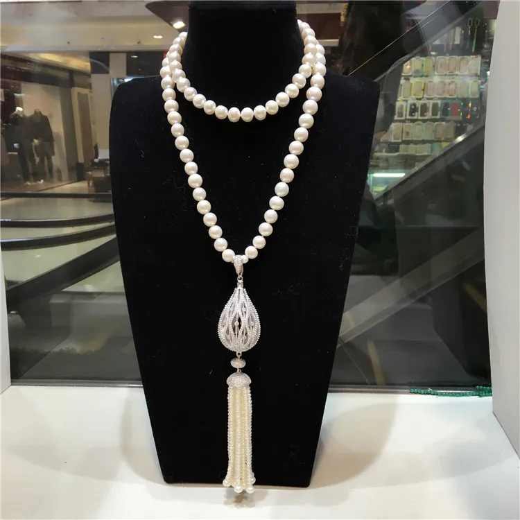 

Hand knotted 8-9mm white natural freshwater pearl micro inlay zircon tassel long sweater chain necklace fashion jewelry