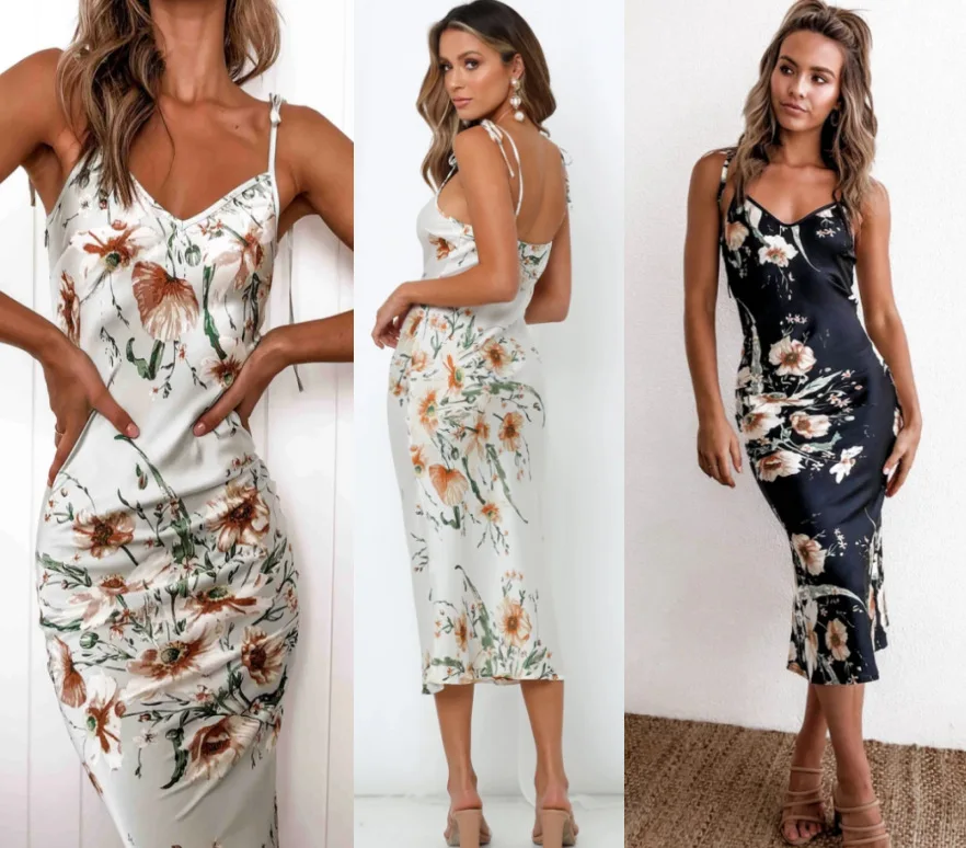 

Women Lady Casual Summer Backless Long Dress Bodycon Floral Print Spaghetti Straps Slip Sundress Casual Dresses