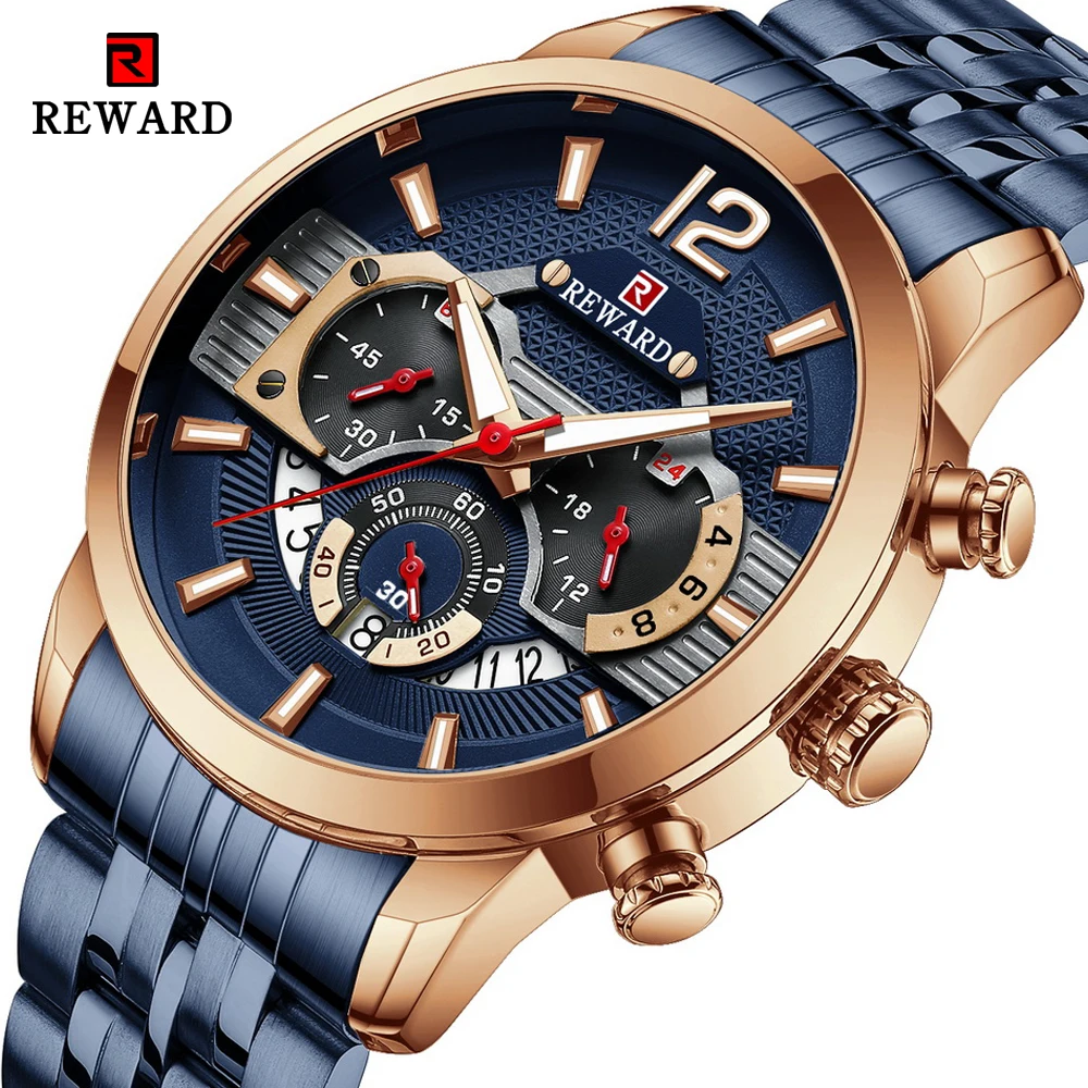 REWARD 2021 New Men Watches Waterproof Stainless Steel Chronograph Fashion Sports Quartz Watch Men Wristwatch Relogio Masculino