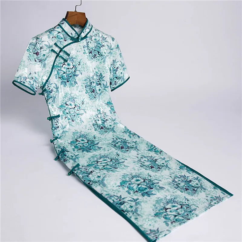 

Traditional Mandarin Collar Short Sleeve Cheongsam Elegant Chinese Female Floral Print Qipao Evening Party Gown Vestidso
