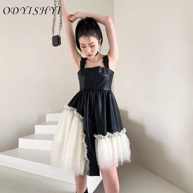 

Female Hit Color Spliced Slim Elegant Gauze Camisole Dress Women High Street Summer Designed Mini Dresses Ladies Vestidos ML299