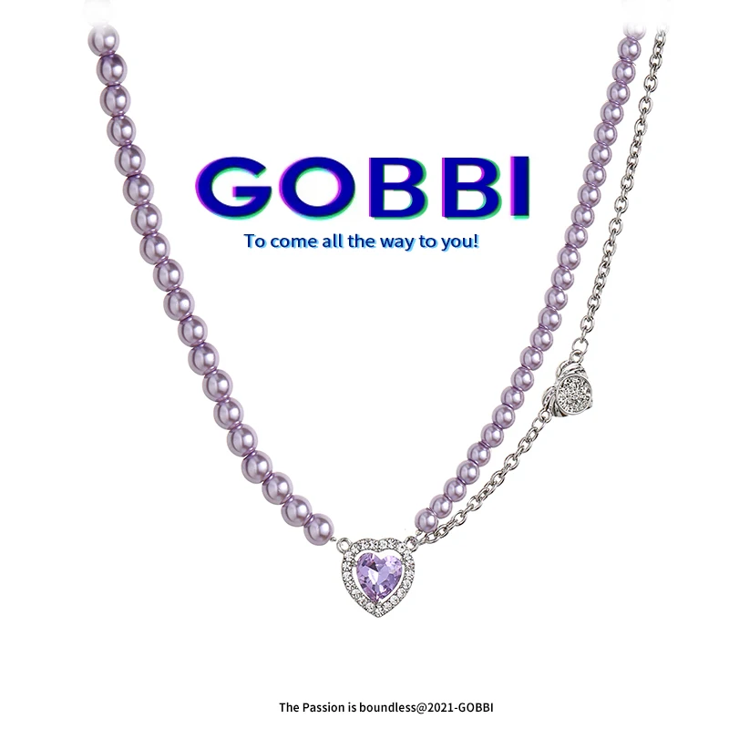 

GOBBI2021 New Fashion Purple Pearl Zircon Necklace Female Gothic Shiny Love Pendant Punk Style Clavicle Chain Party Jewelry