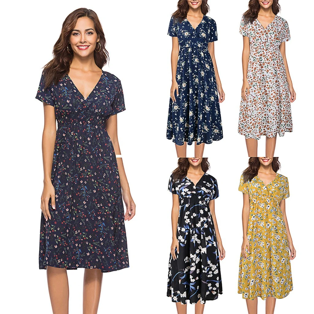 Платье До Колена Для женщин с v-образным вырезом платье высокой талией