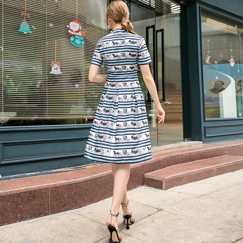 

Summer Fashion New Elegant Bow Collar Short Sleeve Printed Zipper Mid-Waist A- line Dress