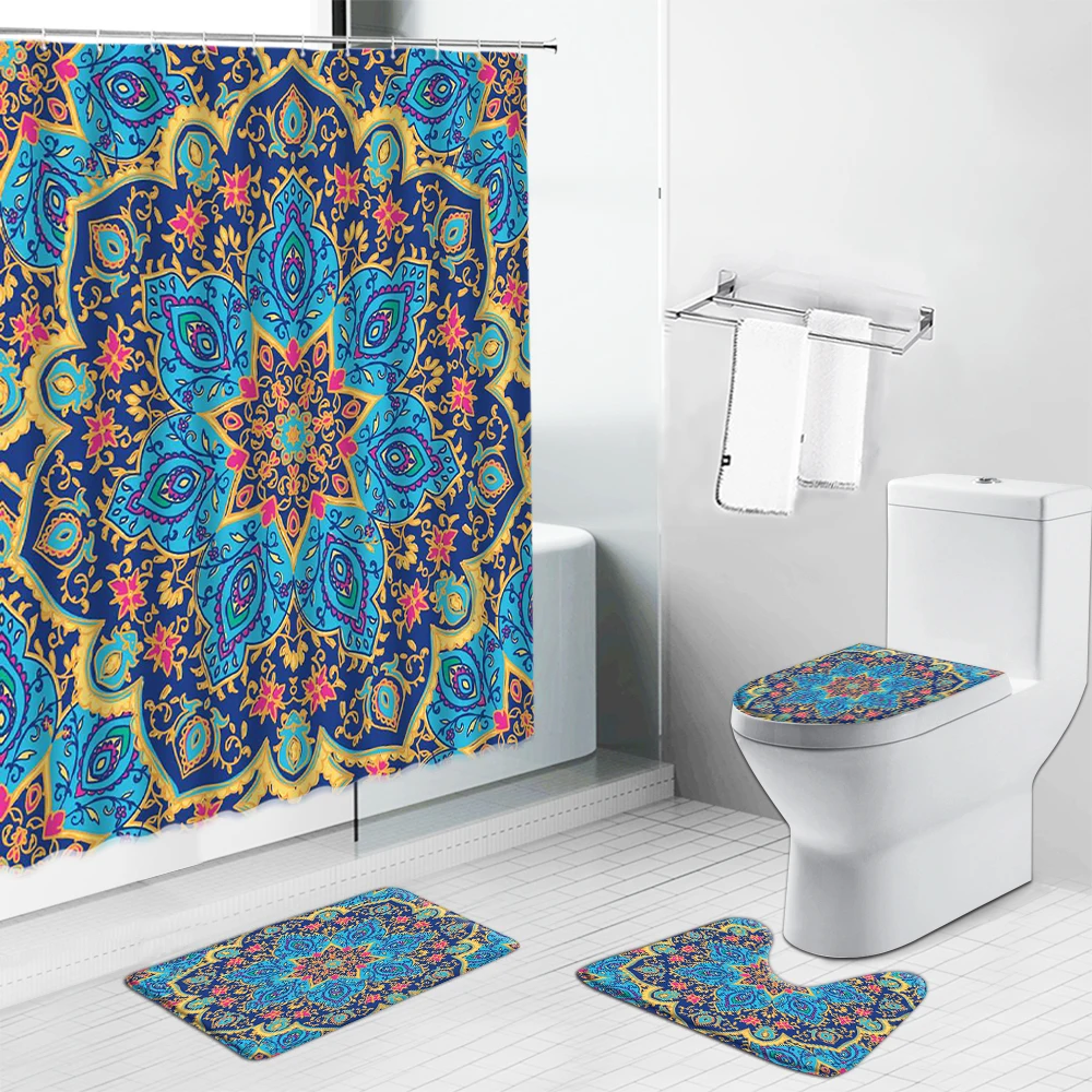 

Indian Floral Mandala Flower Shower Curtains Bohemian Bathroom Curtain Toilet Cover Bath Mat Non-Slip Rug Set for Bathtub Decor