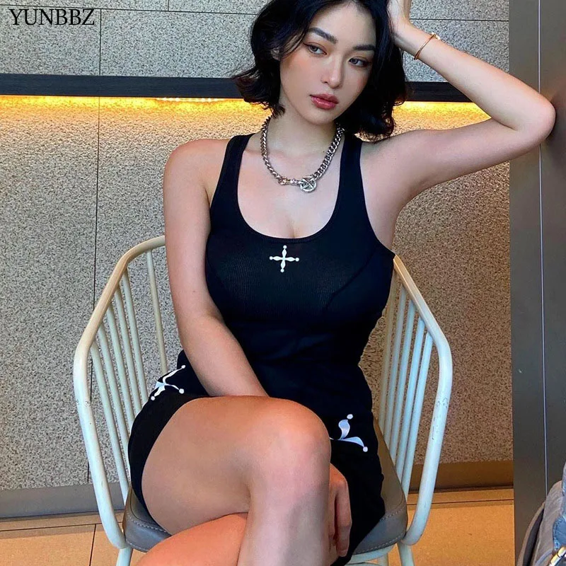 

YUNBBZ Sexy Mini Bodycon Dress Summer 2022 Clubwear Black White Print Sheath Night Party Birthday Dresses for Women Y2k Clothes