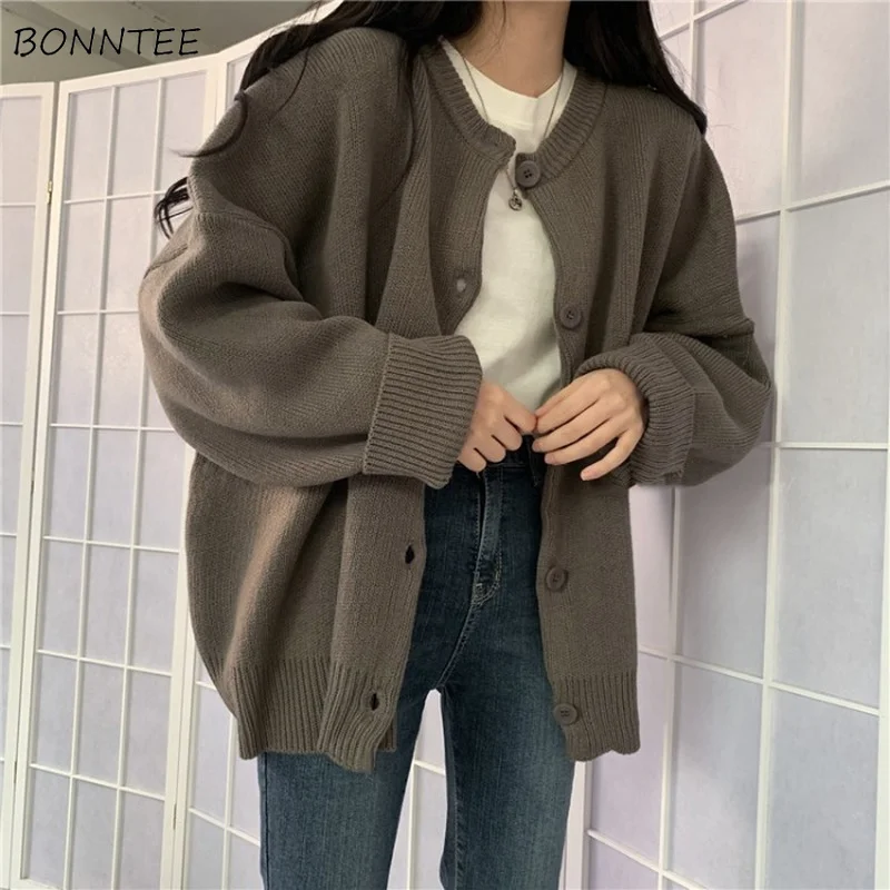 

Кардиган женский универсальный, винтажный вязаный однобортный свободный джемпер с круглым вырезом, повседневная одежда на осень