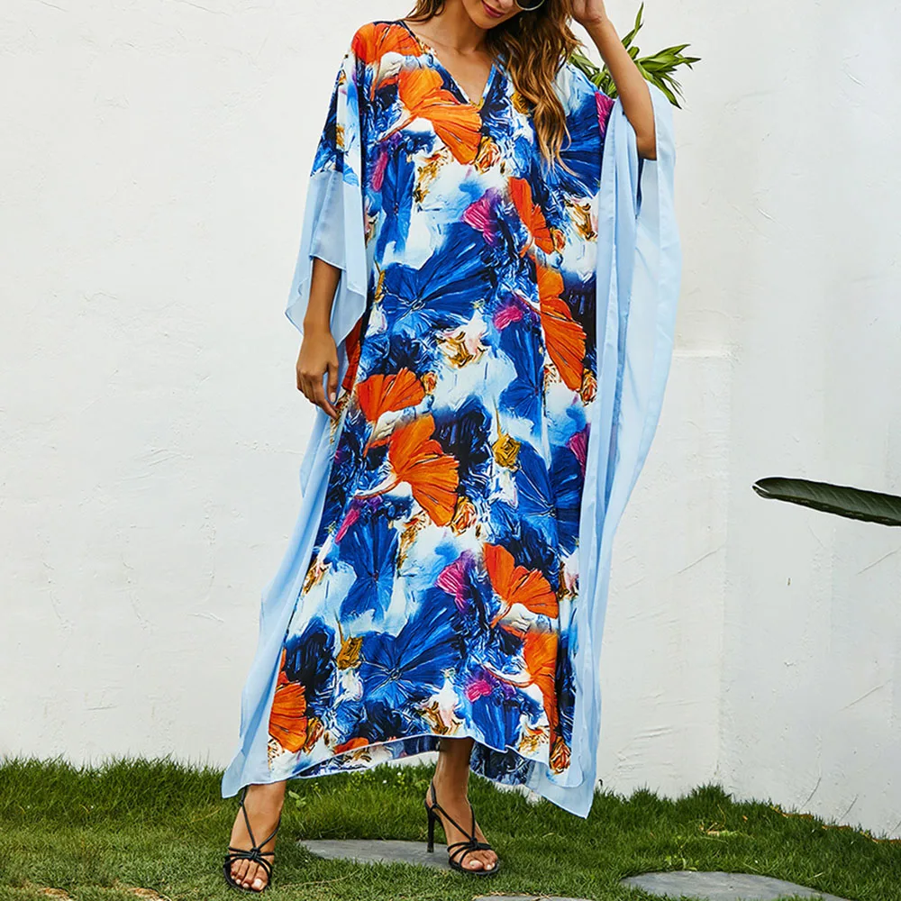 

Bohemian Loose Casual Sandy Beach Vacation 2021 Summer Women's Dress Temperament Oversize Printing V-neck Bat Sleeve