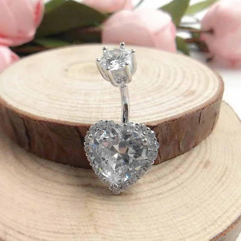 Женское кольцо на пупок из серебра 925 пробы с кристаллами в форме сердца