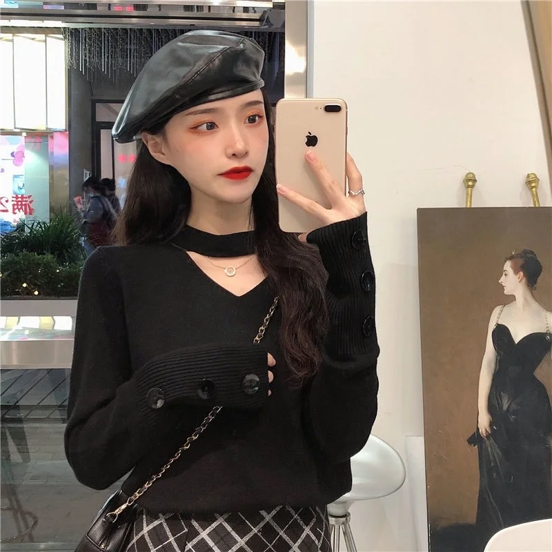 

Свитер, Пуловер с воротником, черный свитер, свободное осеннее платье, новинка 2021, женская трикотажная рубашка с V-образным вырезом, Топ