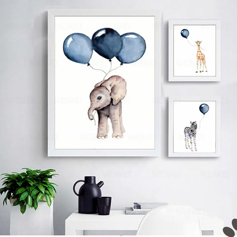 Скандинавский мультфильм дети животные холст картины детский синий шар