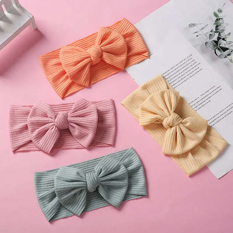 

Children Headband Solid Color Knot Bow Wide Turban Knitted Striped Fabric Headwrap Girls Hairband Hair Baby Accessories