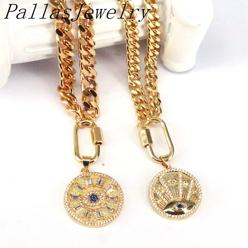 

3Pcs Micro pave cz crystal eye charm pendant Necklace for Men Women Gold Color Curb Cuban Chain