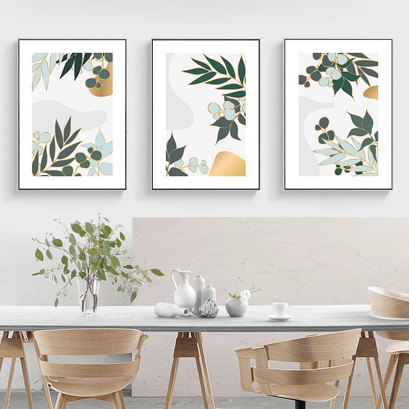 Абстрактный постер с золотыми листьями Картина на холсте зелеными и цветами