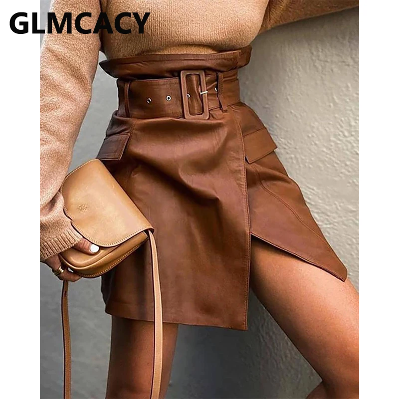 Женская облегающая юбка из пу кожи с карманами и разрезом|Женские юбки| |