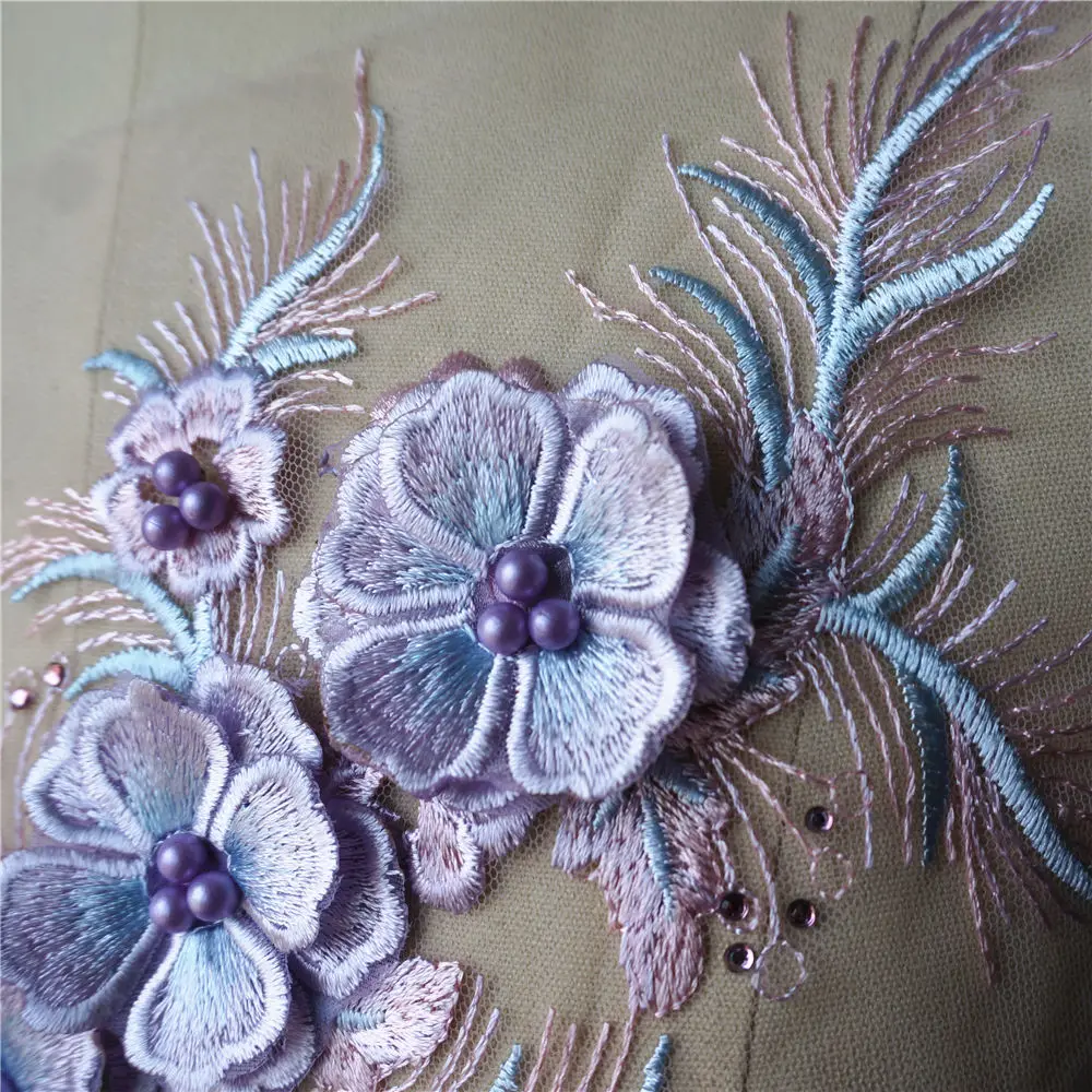 Фиолетовая 3D Цветочная кружевная ткань бусины Стразы кисточка вышитая одежда