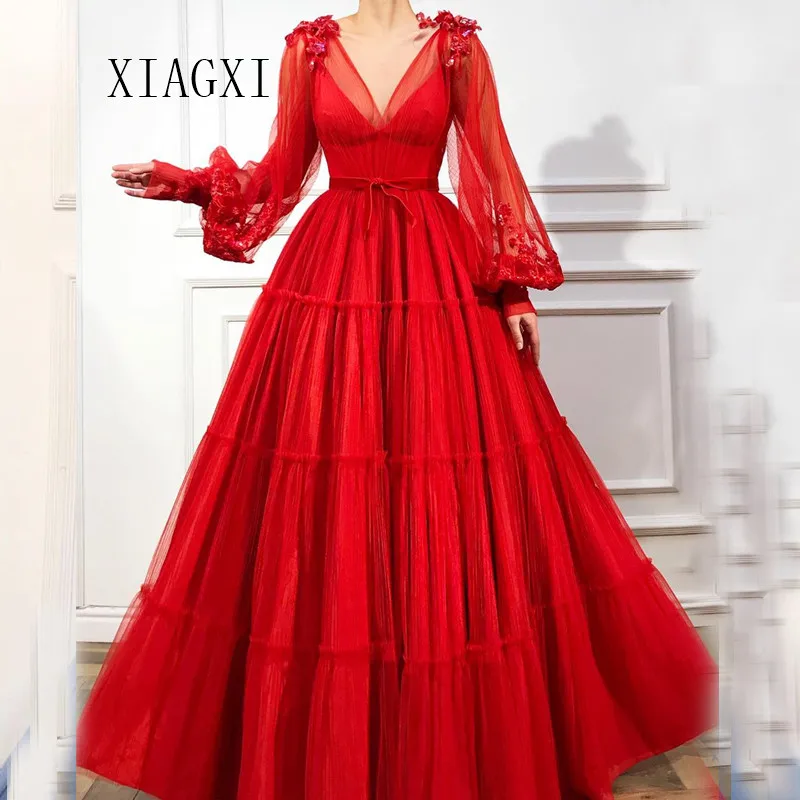 

2020 Muslim Red Evening Dress Sheers A-Line Deep V-Neck Full Sleeves Long Evening Dresses Prom Dress Party Gowns Vestidos
