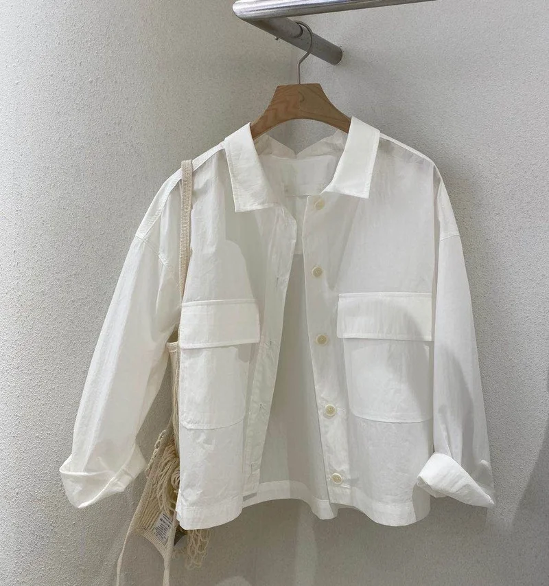 

Simple Solid Pockets Women Buttoned Shirts White Blouses Spring Fashion All Match Blusas Mujer New Long Sleeve Womens Tops
