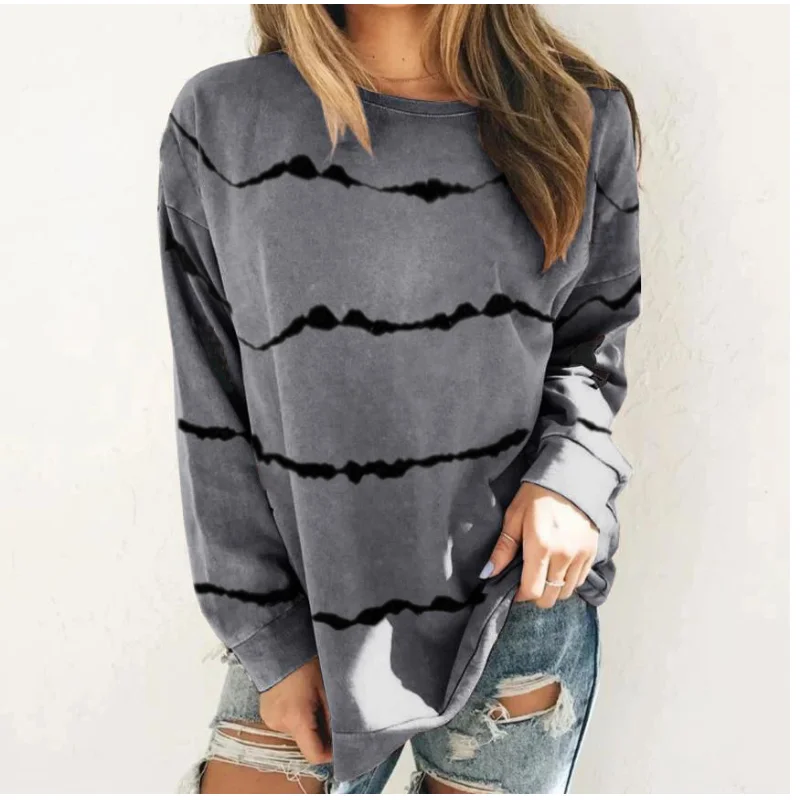 

O Neck Women Fall And Winter Versatile Tie-Dye Stripe Print Long Sleeve T-Shirt Lady Simple Loose-Fitting Top