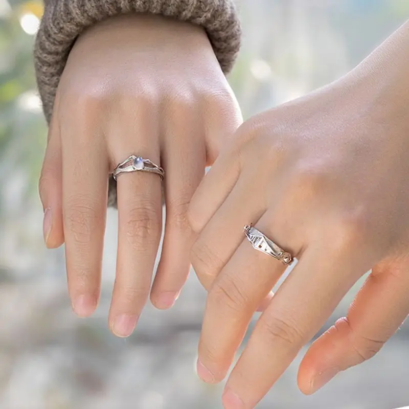 

S925 Silver Plated Moonstone Princess and Knight Open Band Rings Lover Jewelry