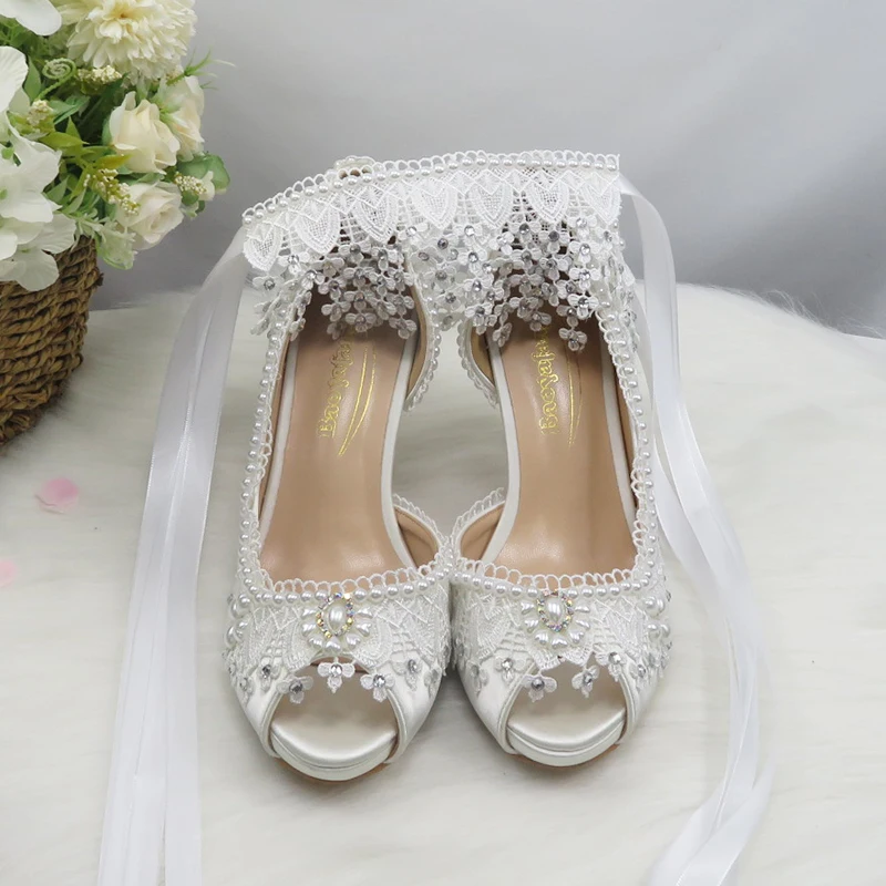 

White Pearl Fish Mouth Open Toe Shoes Lace Wedding Shoe For Women Bridal Ballroom Heels Fashion Shallow Thin Heel Ankle Strap