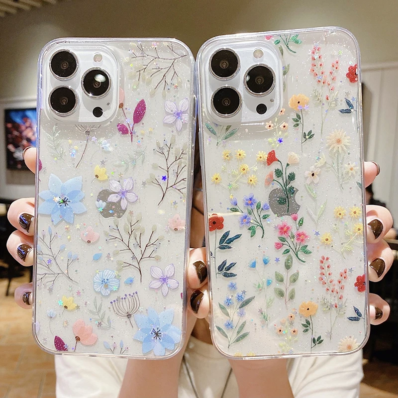 

Cute Flower Glitter Phone Case For iPhone 12 Pro Max 11 Pro Max X XR XS Max 7 8 Plus Transparent Back Cover