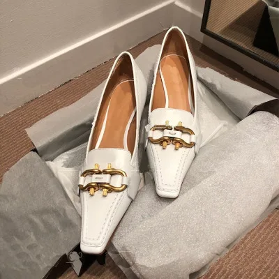 

2021 Summer New Catwalk High Heels Soft Sole Comfortable Women's Shoes Square Toe White Shallow Mouth Mid-heeled Shoes Women