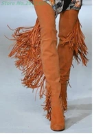 fringe women winter boots almond toe over the knee runway ladies boots brown tassel fashion noverty custoom made boots
