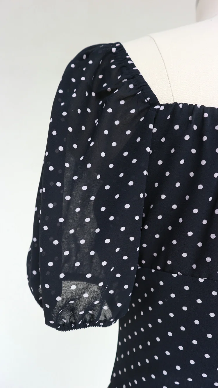 

Polka Dot Print Women's Blouse Square Collar Backless Puff Sleeve Slim Short Shirt And Top