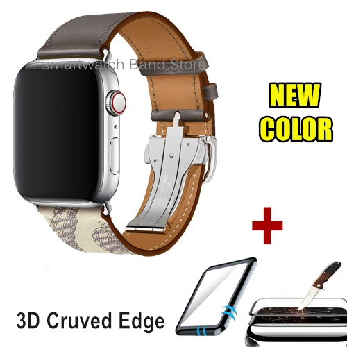 С логотипом кожаный ремешок с пряжкой для часов Apple Watch 44/40 мм сменный Браслет для iWatch 5 ремешок - Цвет ремешка: Etain Beton