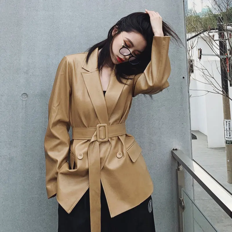 

Soft Faux Vintage PU Leather Jacket Women 2021 New Spring Autumn Pure Color Double Breasted Leather Blazer Office Ladies Coats