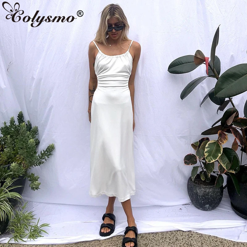 

Colysmo Summer White Dress Ruched Spaghetti Strap Backless Tie up A Line High Waist Midi Dress Women Sexy Club Party Robe 2021