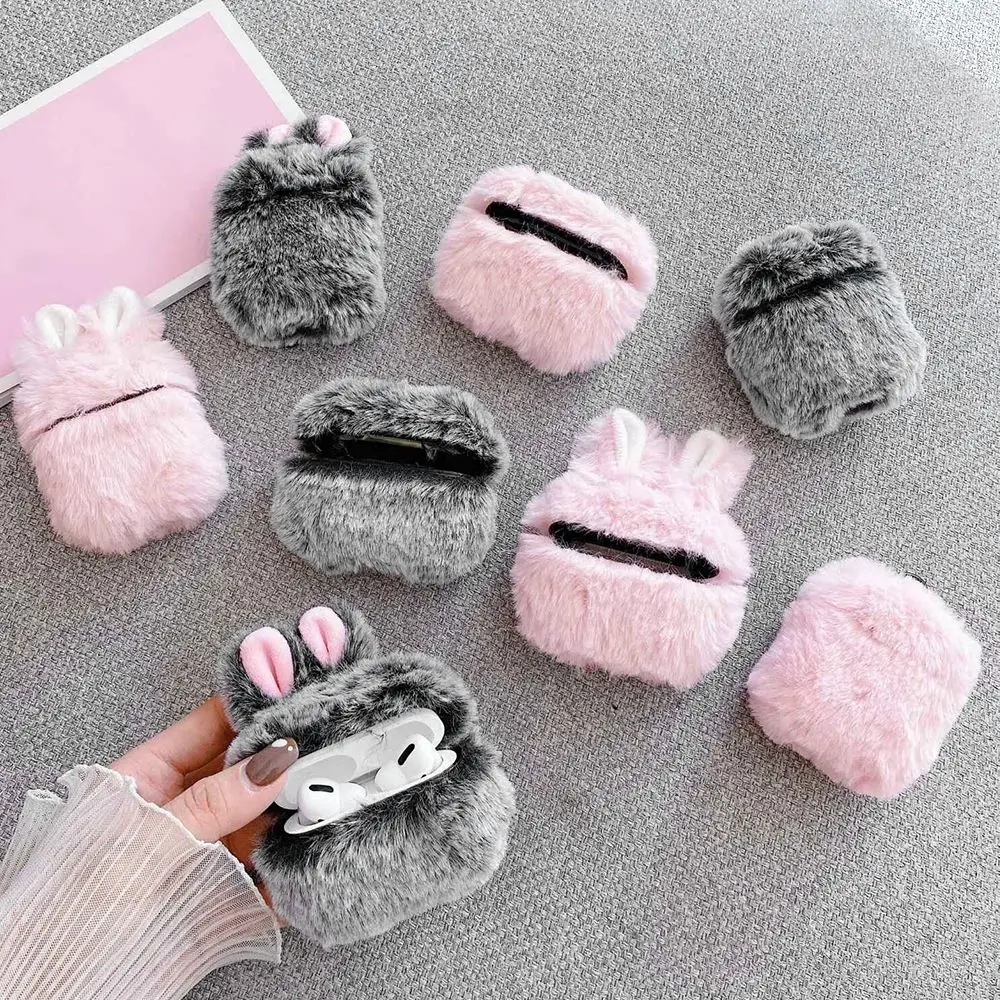 

Soft Rabbit Ear Fur Case for Apple AirPods 1 2 Wireless Charging Fluffy Box with Carabiner Plush Cover for Airpods Pro Case Capa