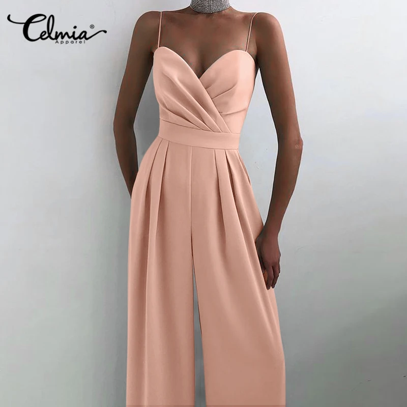 

Women's Straps Sleeveless Jumpsuits 2021 Celmia Satin Sexy Backless Rompers Wide Leg Pants Pleated Solid Party Long Overalls