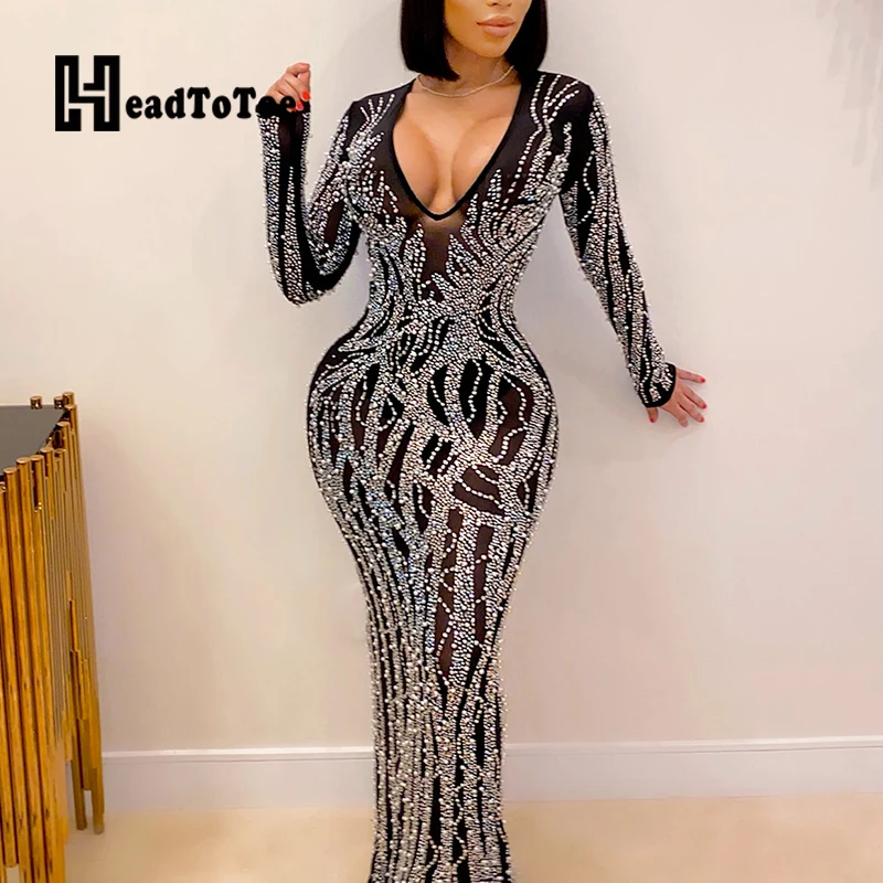 

Solid Mesh Diamonds Split Sexy Party Dresses for Women Full Sleeve U-neck Floor Length Slim High Waist Dress Women