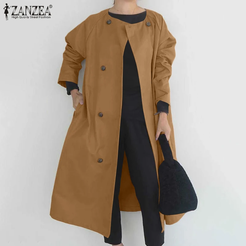 

Тренчкот ZANZEA женский с длинным рукавом, модная верхняя одежда миди, повседневная однотонная ветровка в стиле оверсайз, весна-осень 2021