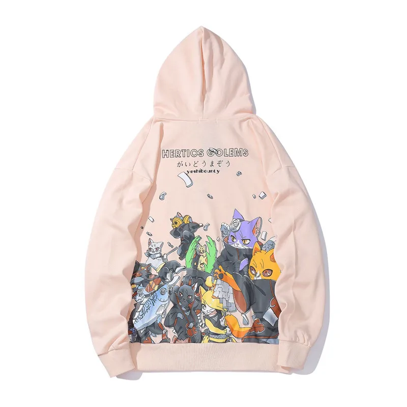 Men Hip Hop Hoodie Sweatshirt Anime Cat Japanese Cartoon Streetwear Harajuku Hoodies Pullover Loose Autumn Black Sweat Shirts | Мужская
