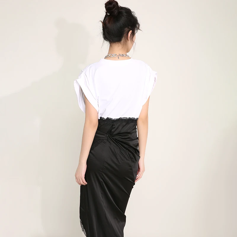 

Women Blue Irregular Split Joint Temparment Dress New V-Neck Short Sleeve Loose Fit Fashion Tide Spring Summer 2021 1u315