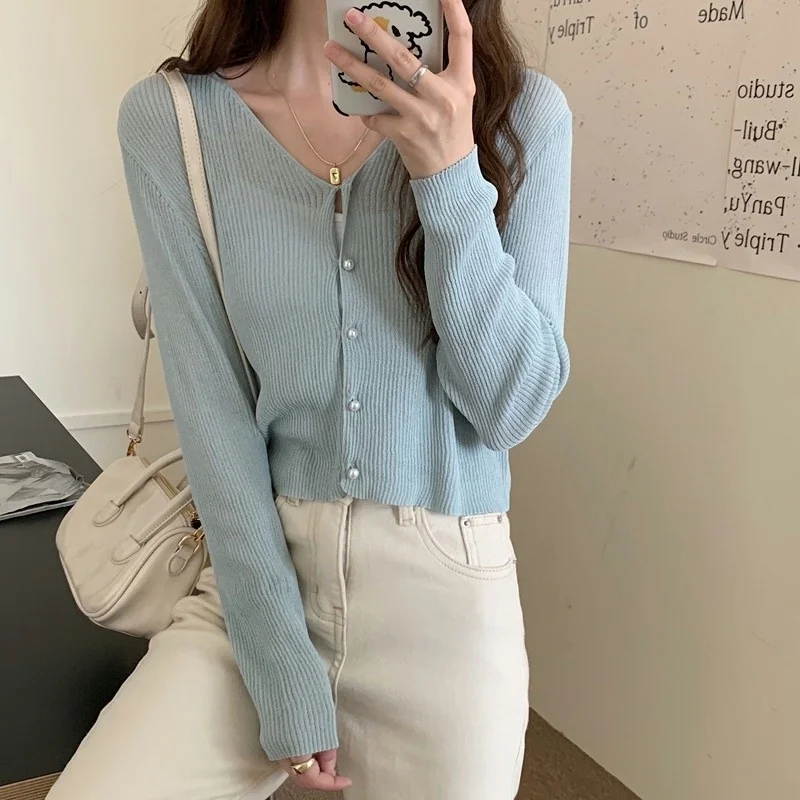 Защитная трикотажная одежда из ледяного шелка Женский Осенний тонкий кардиган