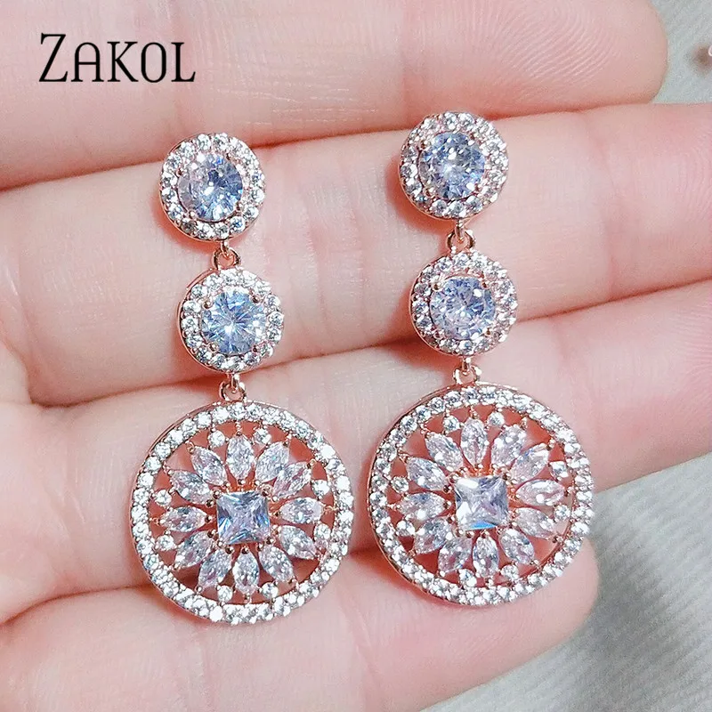 ZAKOL изысканные сферические круглые фианиты цветочные серьги-капли свадебные