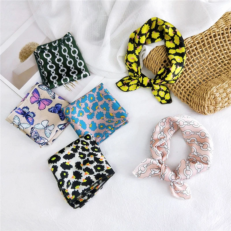 

Handkerchief Butterfly Floral Print Hair Tie Band 50*50cm Bandana Head-Neck Satin Silk Scarf Round Chain Stripes Square Scarf