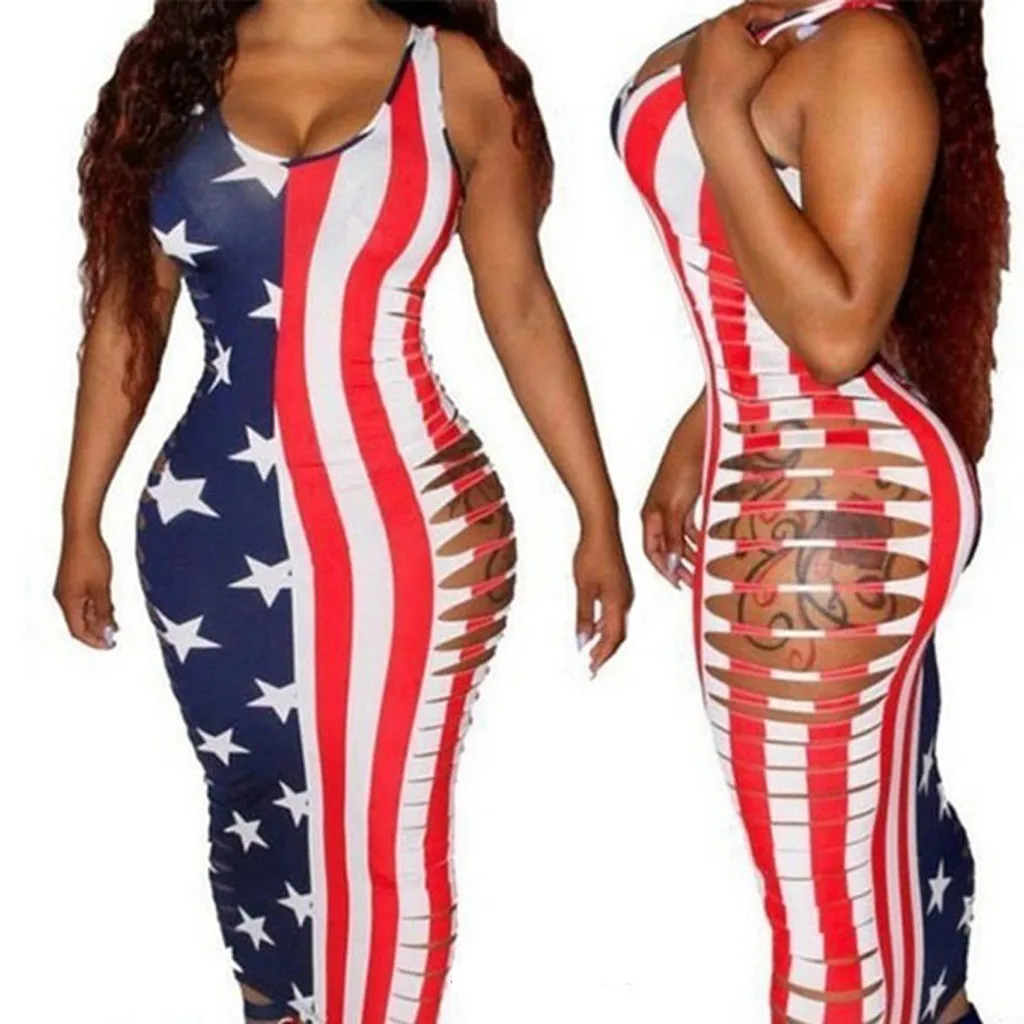 Модное сексуальное платье без рукавов в полоску с принтом американского флага