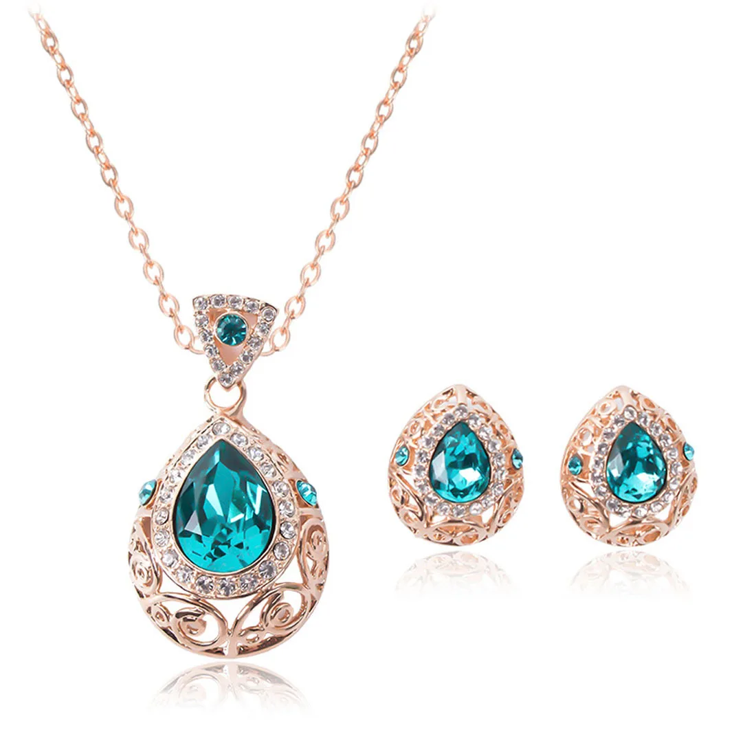 

Bridal Jewelry Set Gold Chain Crystal Earrings Necklace Pendant Women Wedding Emerald Indian Accessories Flower Water Drop New