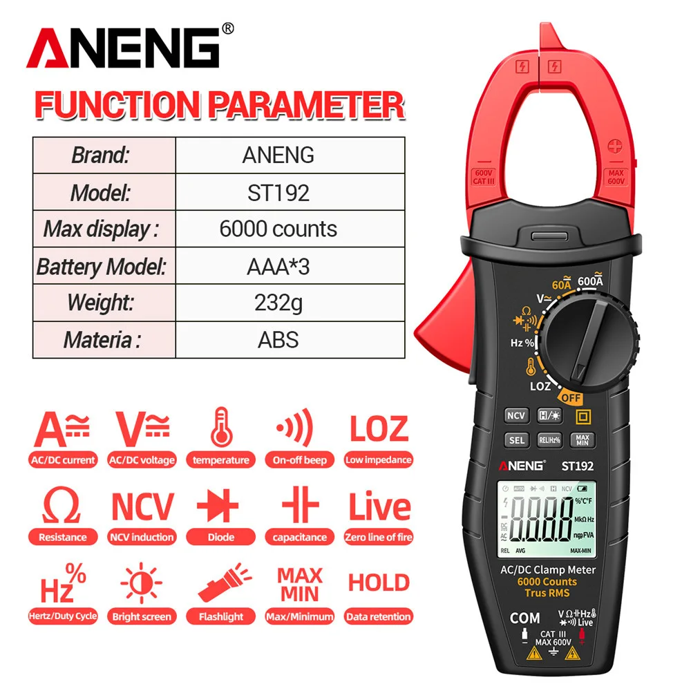 

ANENG Clamp Meter ST192 6000 Counts True RMS High Precision Clamp Multimeter AC Current Tester Auto Range Voltmeter