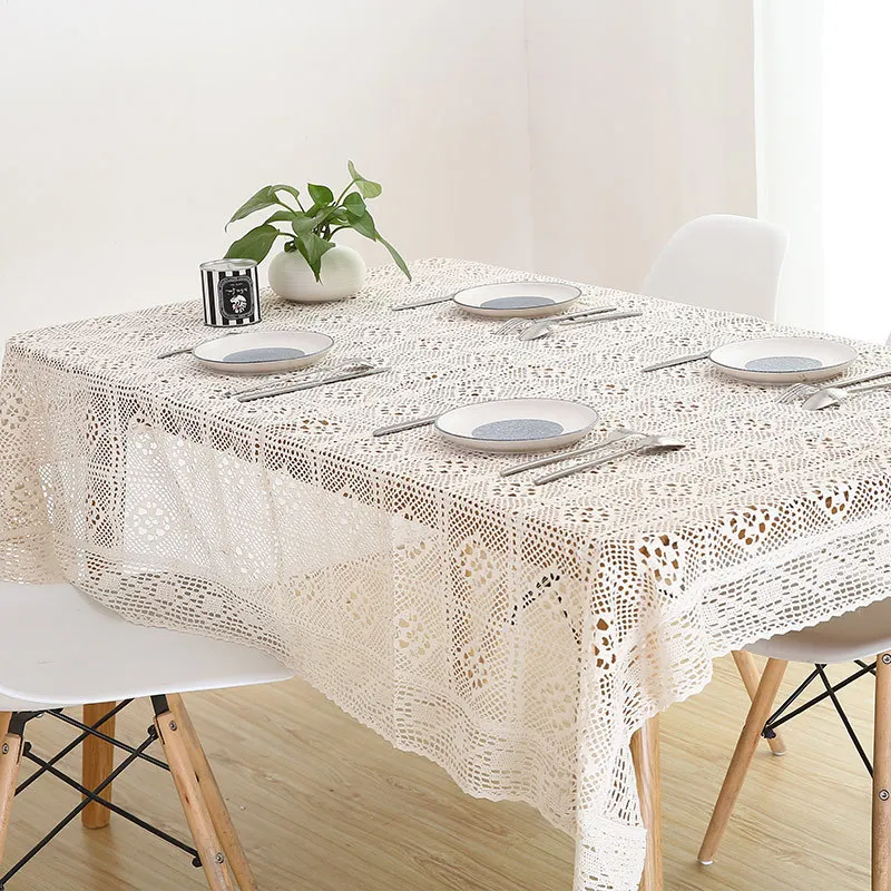 Retro Pastoral Hollowed Out Pure Cotton Linen Oval Table Cloth Table Cloth Plaid Lace Simple Round TableCloths Background Cloth